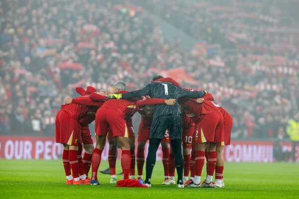 LIVERPOOL, ENGLAND - Saturday, December 14, 2024: Liverpool players form a pre-match huddle before the FA Premier League match between Liverpool FC and Fulham FC at Anfield. (Photo by David Rawcliffe/Propaganda)