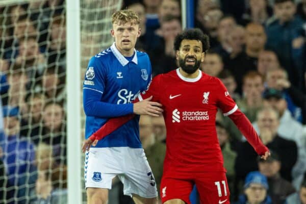 LIVERPOOL, ENGLAND - Wednesday, April 24, 2024: Liverpool's Mohamed Salah (R) is challenged by Everton's Jarrad Branthwaite during the FA Premier League match between Everton FC and Liverpool FC, the 244th Merseyside Derby, at Goodison Park. Everton won 2-0. (Photo by David Rawcliffe/Propaganda)