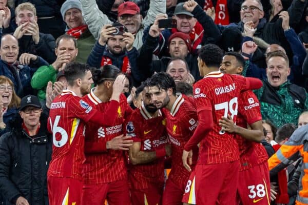 LIVERPOOL, ENGLAND - Sunday, December 1, 2024: Liverpool's Mohamed Salah celebrates after scoring the second goal during the FA Premier League match between Liverpool FC and Manchester City FC at Anfield. Liverpool won 2-0. (Photo by David Rawcliffe/Propaganda)