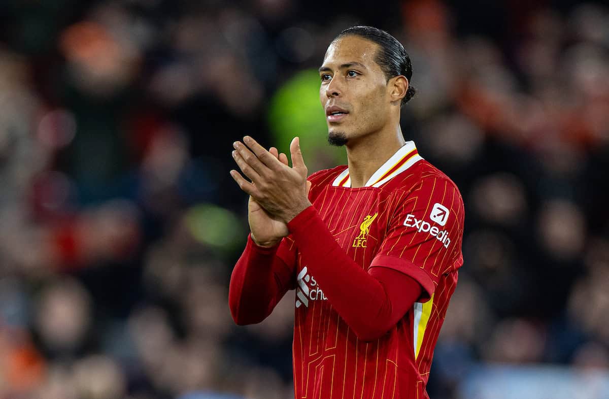 LIVERPOOL, ENGLAND - Sunday, December 1, 2024: Liverpool's captain Virgil van Dijk applauds the supporters after the FA Premier League match between Liverpool FC and Manchester City FC at Anfield. Liverpool won 2-0. (Photo by David Rawcliffe/Propaganda)