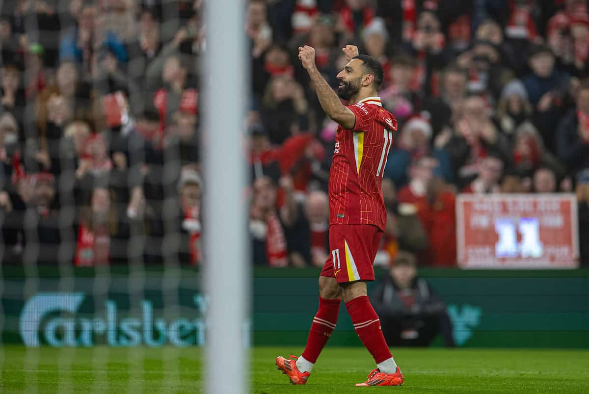 LIVERPOOL, ENGLAND - Saturday, December 14, 2024: Liverpool's Mohamed Salah celebrates after scoring his side's third goal during the FA Premier League match between Liverpool FC and Fulham FC at Anfield. (Photo by David Rawcliffe/Propaganda)