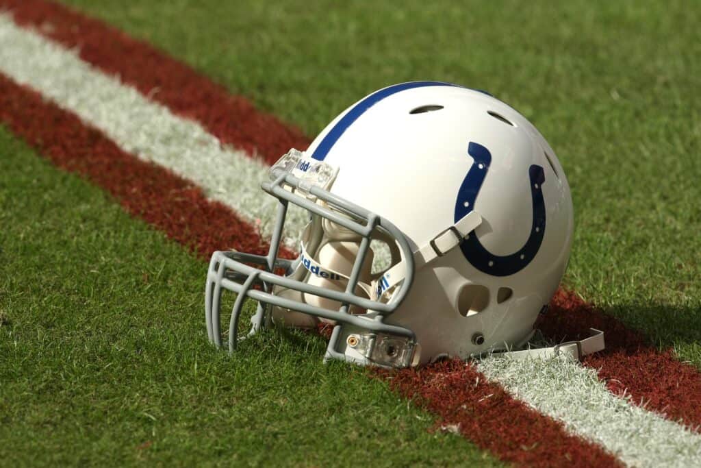 An Indianapolis Colts helmet on the field beofre the game with the Houston Texans on November 29, 2009 at Reliant Stadium in Houston, Texas. The Colts won 35-27.