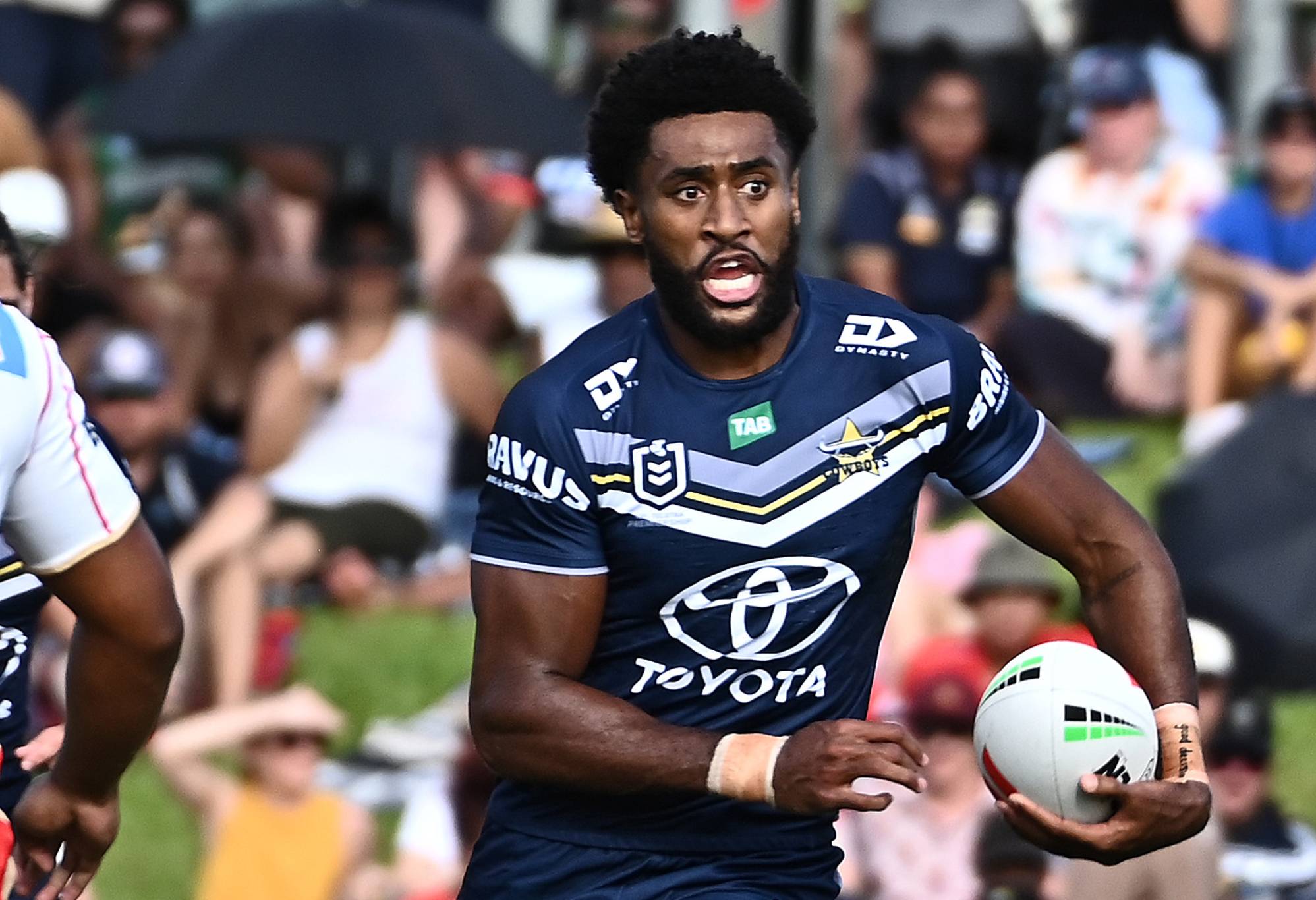 CAIRNS, AUSTRALIA - FEBRUARY 12: Laitia Moceidreke of the Cowboys in action during the NRL Trial Match between North Queensland Cowboys and Dolphins at Barlow Park on February 12, 2023 in Cairns, Australia. (Photo by Emily Barker/Getty Images)