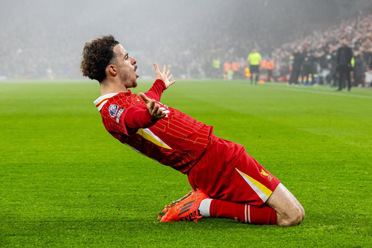 LIVERPOOL, ENGLAND - Saturday, December 14, 2024: Liverpool's Curtis Jones celebrates after scoring his side's second goal during the FA Premier League match between Liverpool FC and Fulham FC at Anfield. (Photo by David Rawcliffe/Propaganda)