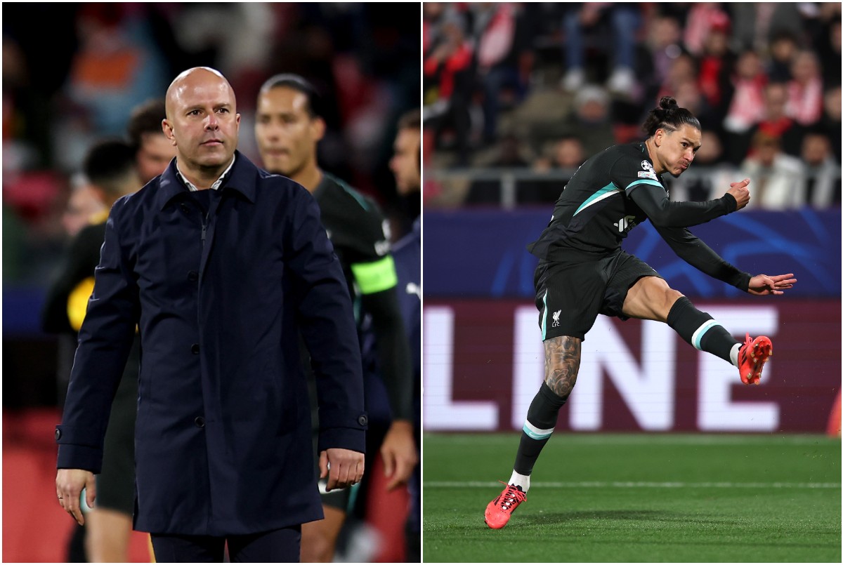 Arne Slot and Darwin Nunez during Liverpool's win at Girona