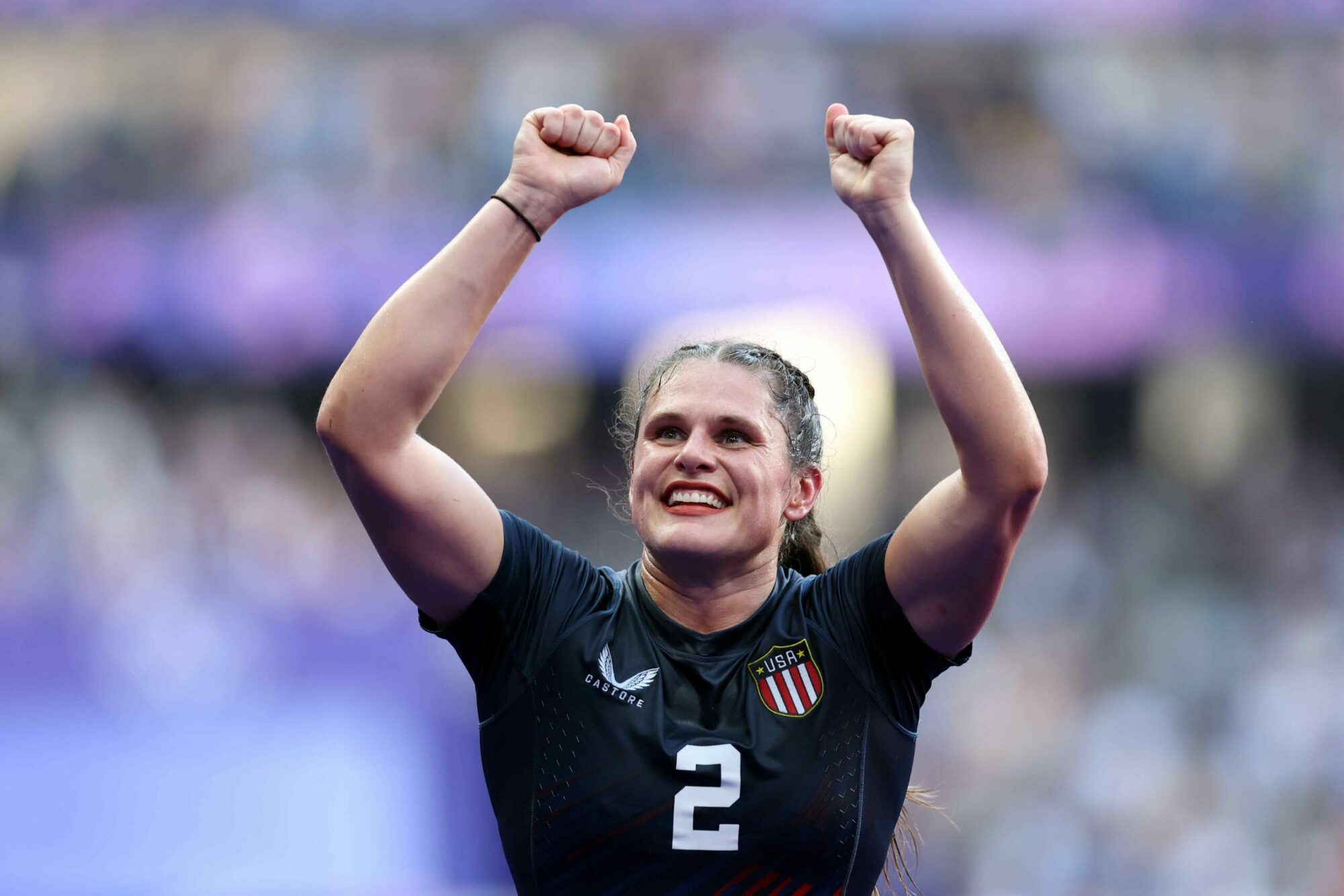 Ilona Maher #2 of Team United States celebrates following victory during the Women's Rugby Sevens Bronze medal match between Team United States and Team Australia on day four of the Olympic Games Paris 2024 at Stade de France on July 30, 2024 in Paris, France. (Photo by Cameron Spencer/Getty Images)