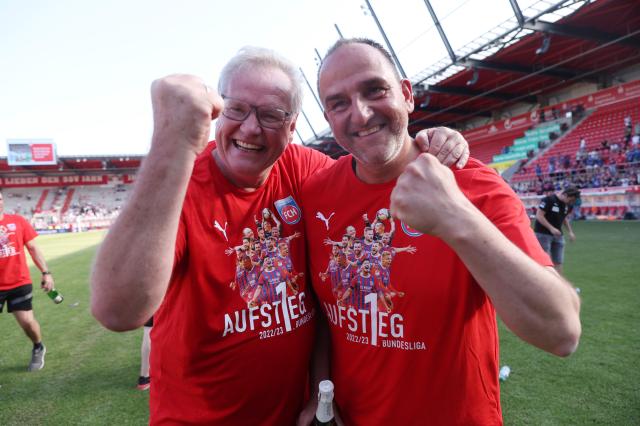 Holger Sanwald and Frank Schmidt celebrate promotion to the top flight 18 months ago. 