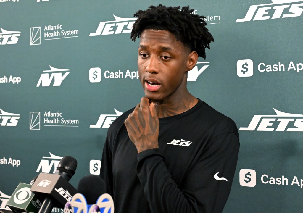 Jets cornerback Sauce Gardner talks with reporters on Dec. 11, 2024.