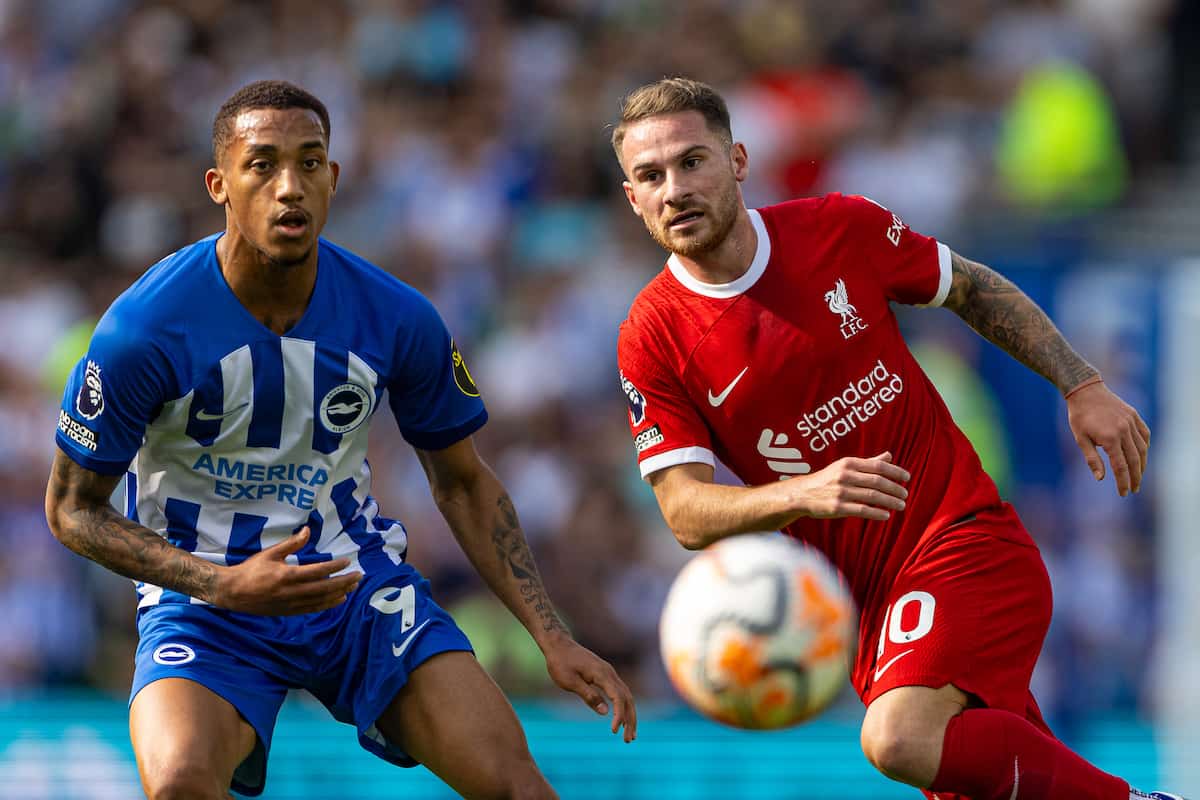 BRIGHTON & HOVE, ENGLAND - Sunday, October 8, 2023: Liverpool's Alexis Mac Allister (R) and Brighton & Hove Albion's João Pedro during the FA Premier League match between Brighton & Hove Albion FC and Liverpool FC at the American Express Community Stadium. (Pic by David Rawcliffe/Propaganda)