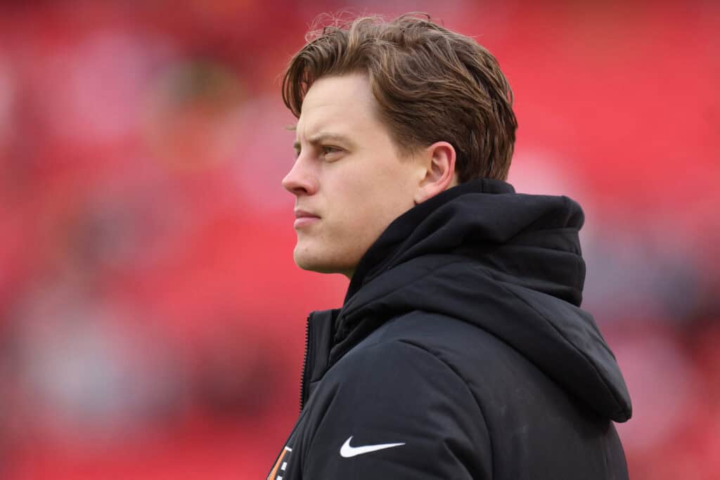 KANSAS CITY, MISSOURI - DECEMBER 31: Joe Burrow #9 of the Cincinnati Bengals walks the field before the game against the Kansas City Chiefs at GEHA Field at Arrowhead Stadium on December 31, 2023 in Kansas City, Missouri.