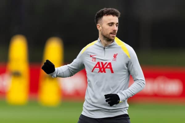 LIVERPOOL, ENGLAND - Monday, December 9, 2024: Liverpool's Diogo Jota during a training session at the AXA Training Centre ahead of the UEFA Champions League match between Girona FC and Liverpool FC. (Photo by Jessica Hornby/Propaganda)