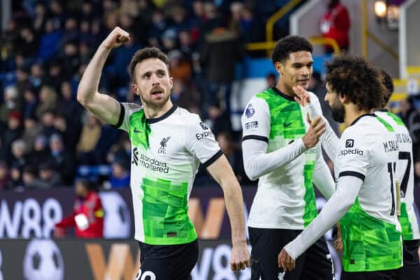 BURNLEY, ENGLAND - Tuesday, December 26, 2023: Liverpool's Diogo Jota celebrates after scoring the second goal in the 90th minute during the FA Premier League match between Burnley FC and Liverpool FC at Turf Moor. Liverpool won 2-0. (Photo by David Rawcliffe/Propaganda)