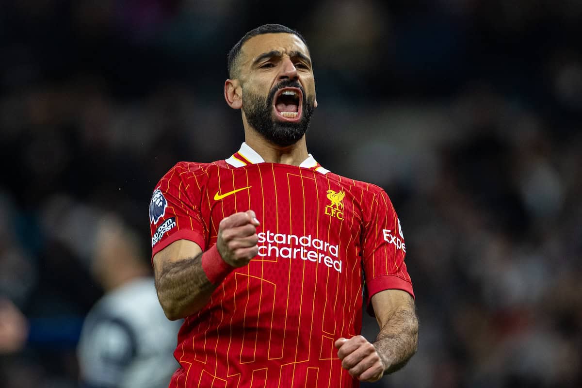 LONDON, ENGLAND - Sunday, December 22, 2024: Liverpool's Mohamed Salah celebrates after scoring his side's fourth goal during the FA Premier League match between Tottenham Hotspur FC and Liverpool FC at the Tottenham Hotspur Stadium. (Photo by David Rawcliffe/Propaganda)