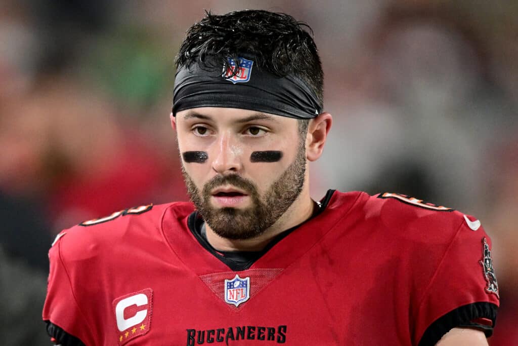 TAMPA, FLORIDA - JANUARY 15: Baker Mayfield #6 of the Tampa Bay Buccaneers looks on against the Philadelphia Eagles during the second quarter in the NFC Wild Card Playoffs at Raymond James Stadium on January 15, 2024 in Tampa, Florida.