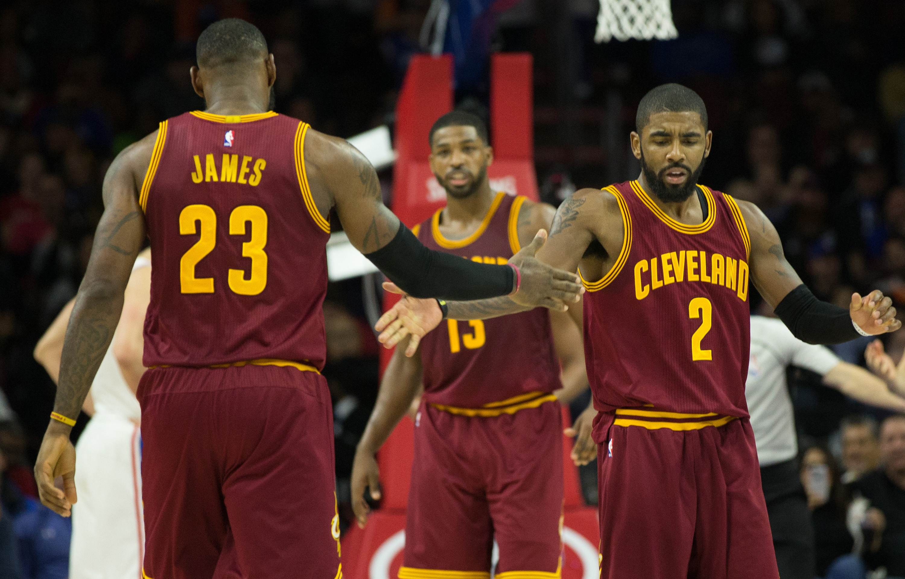 Nov 27, 2016; Philadelphia, PA, USA; Cleveland Cavaliers forward LeBron James (23) reacts with guard Kyrie Irving (2) after a tip in basket against the Philadelphia 76ers during the second quarter at Wells Fargo Center. 