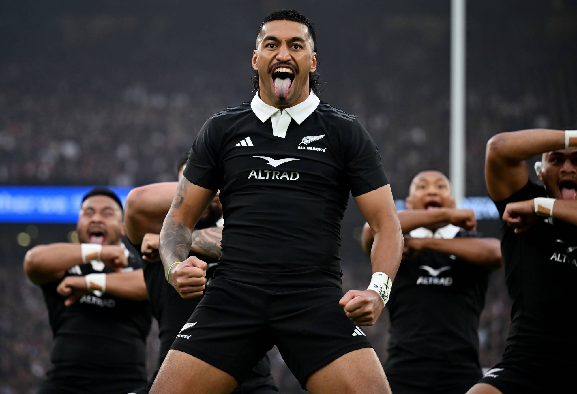 Rieko Ioane of New Zealand reacts as he performs the Haka prior to the Autumn Nations Series 2025 match between England and New Zealand All Blacks at the Allianz Stadium on November 02, 2024 in London, England. (Photo by Dan Mullan - RFU/The RFU Collection via Getty Images)