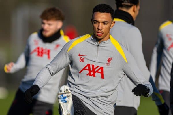 LIVERPOOL, ENGLAND - Tuesday, November 26, 2024: Liverpool's Trent Alexander-Arnold during a training session at the AXA Training Centre ahead of the UEFA Champions League match between Liverpool FC and Real Madrid CF. (Photo by David Rawcliffe/Propaganda)